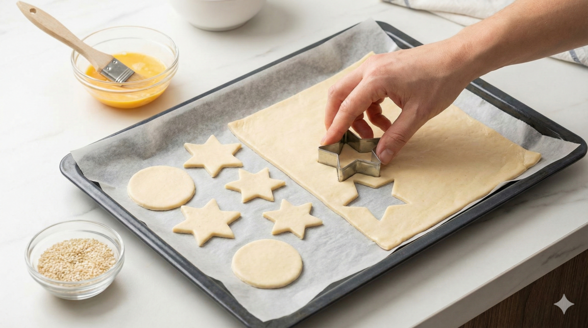 découpe de la pâte feuilletée à l'aide d'emporte-pièces (étoile, cercle)