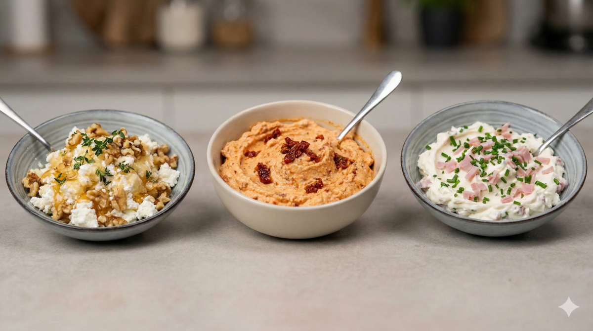 le mélange chèvre-miel-noix, la crème pesto rosso-ricotta, et le mélange jambon-fromage frais.