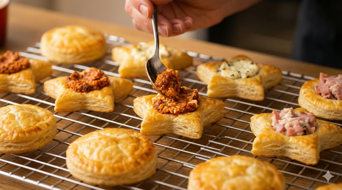 remplissage des feuilletés dorés et croustillants avec les différentes préparations