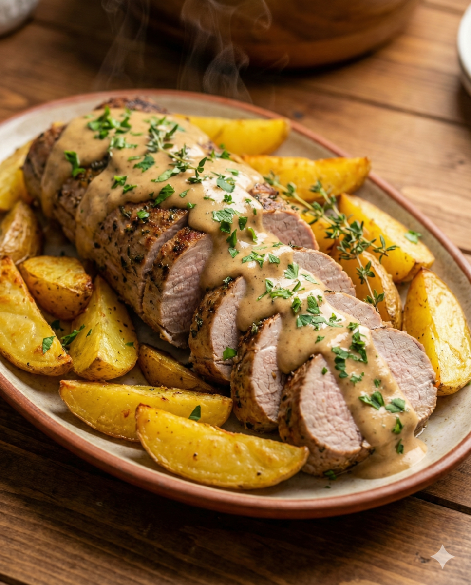 Le filet mignon de porc rôti au four, tranché et nappé de sa sauce crémeuse à la moutarde, entouré de pommes de terre dorées dans un plat de service.