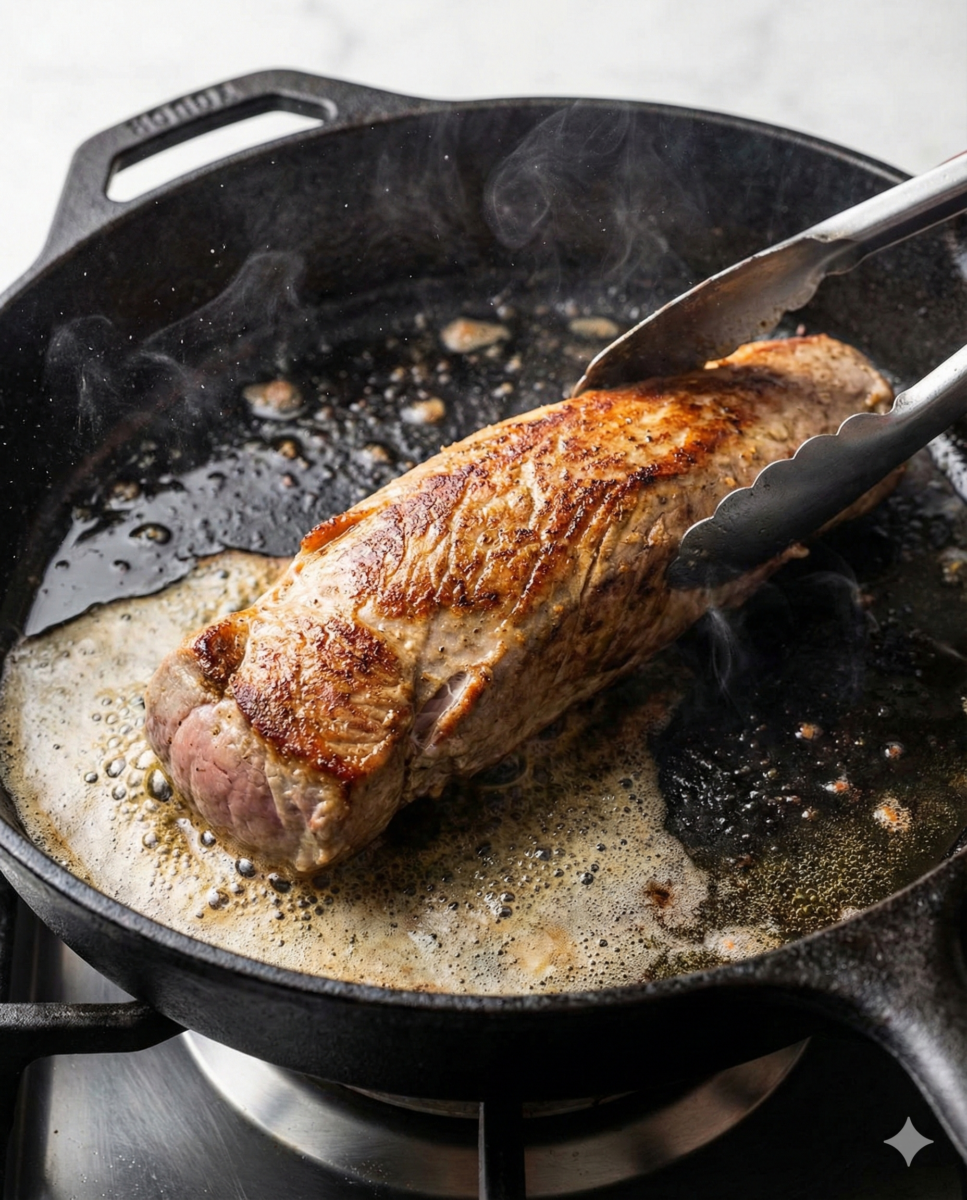 Un filet mignon entier en train de dorer dans une poêle en fonte avec du beurre et de l'huile, retourné par une pince de cuisine.