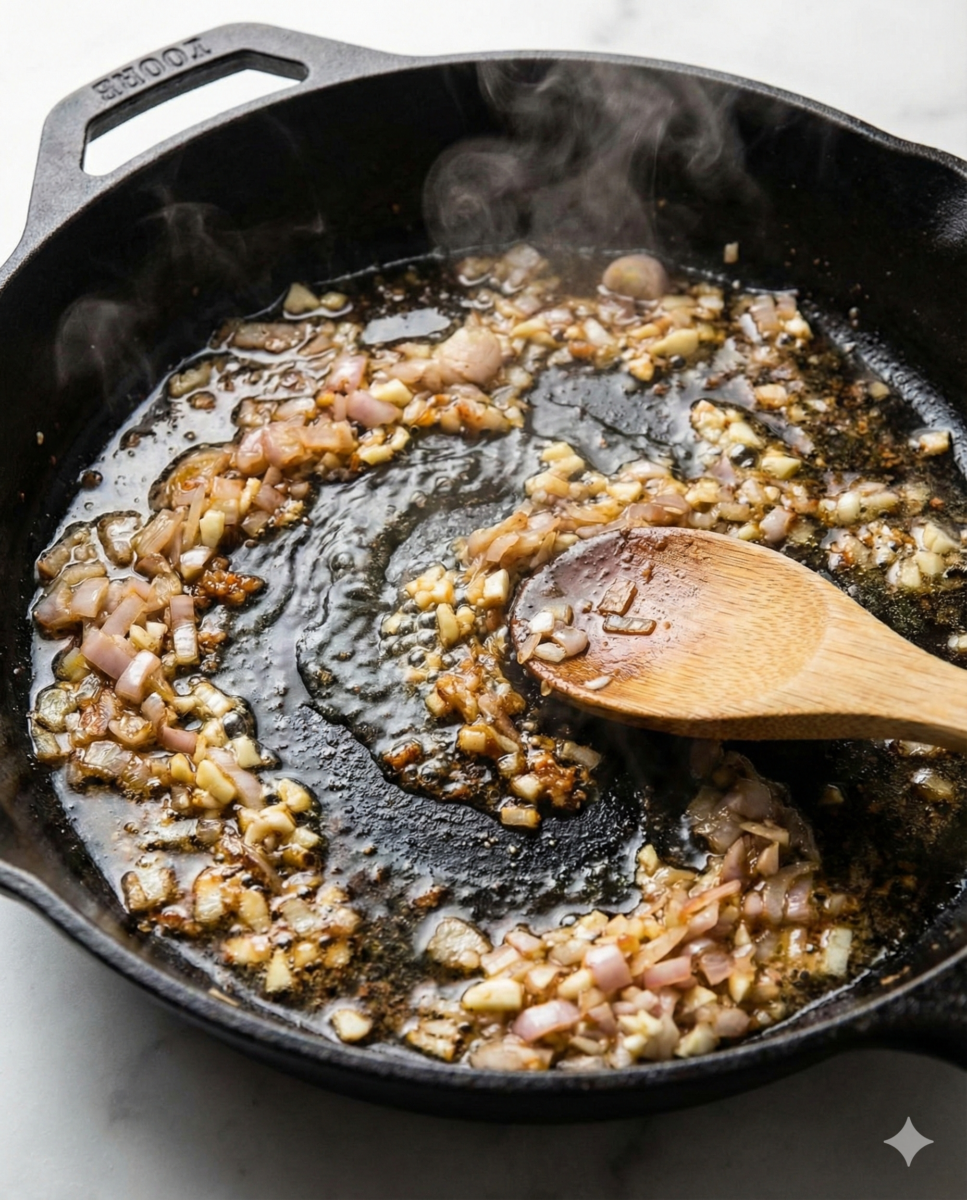 Dans la même poêle en fonte, des échalotes et de l'ail hachés reviennent dans les sucs de viande déglacés au vin blanc, remués à la cuillère en bois.