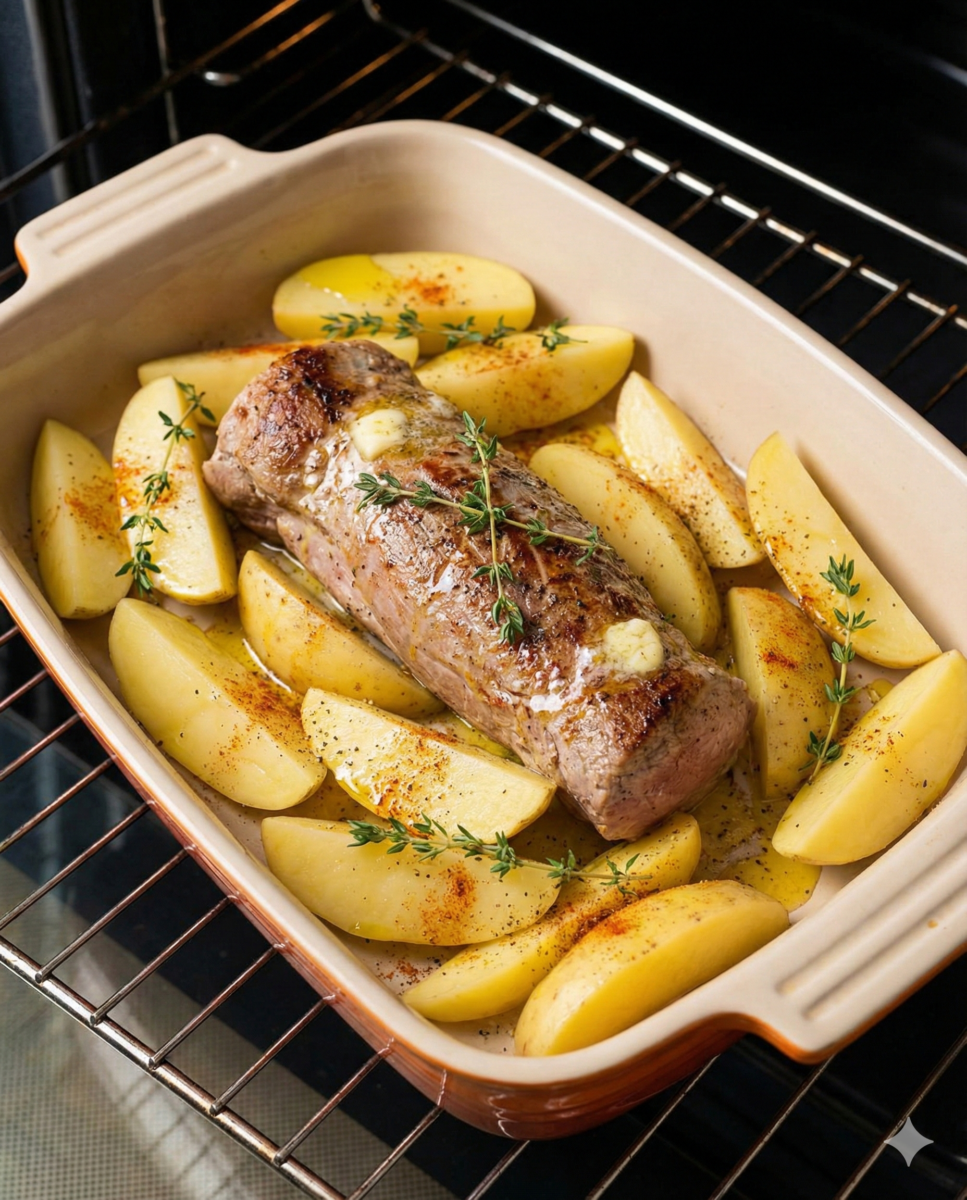 Le plat à gratin contenant le filet mignon doré, les pommes de terre crues, arrosés d'huile et parsemés de thym, prêt à être enfourné.