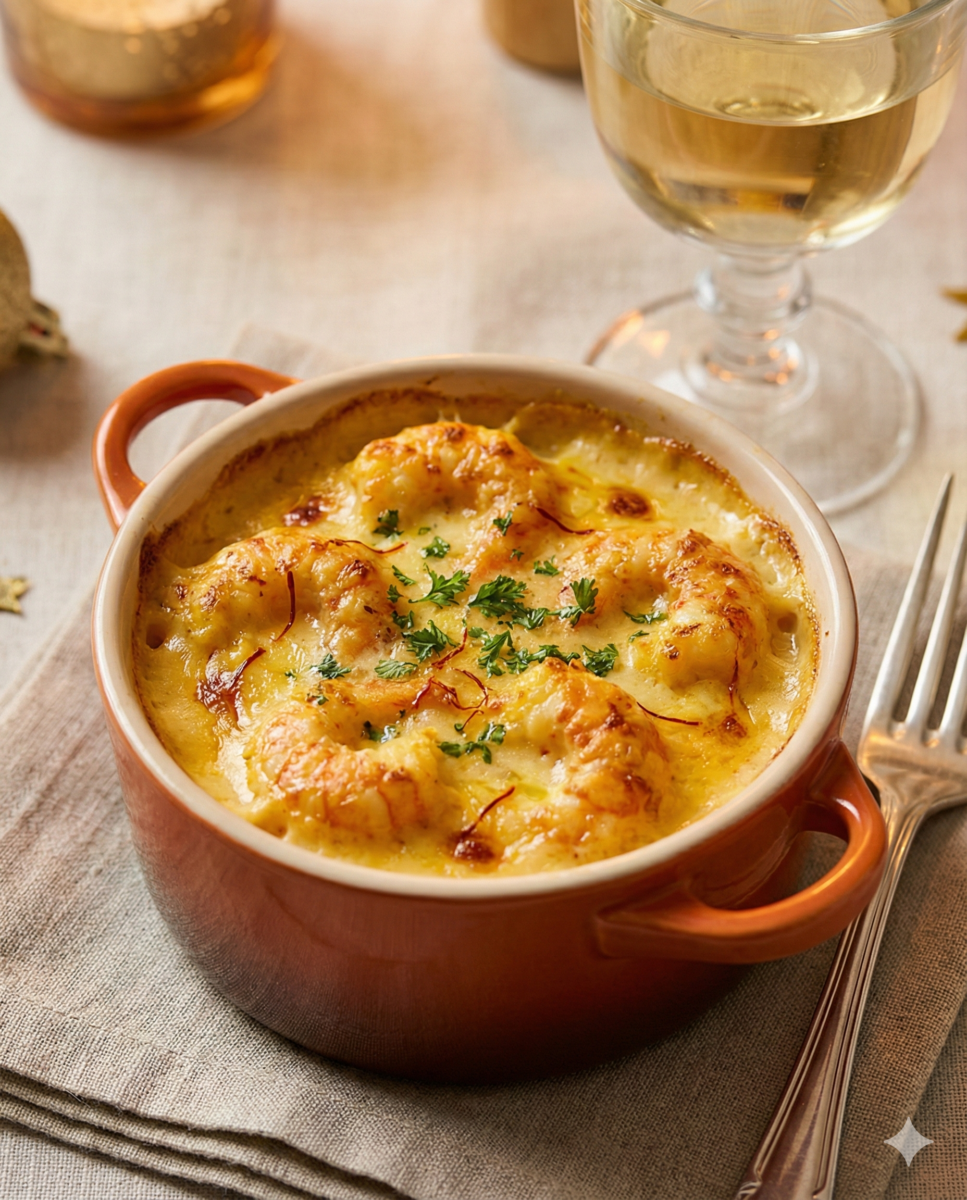 Gros plan sur une mini-cassolette de langoustines gratinées, avec une sauce crémeuse au safran dorée au four, servie sur une table de fête avec un verre de vin blanc.