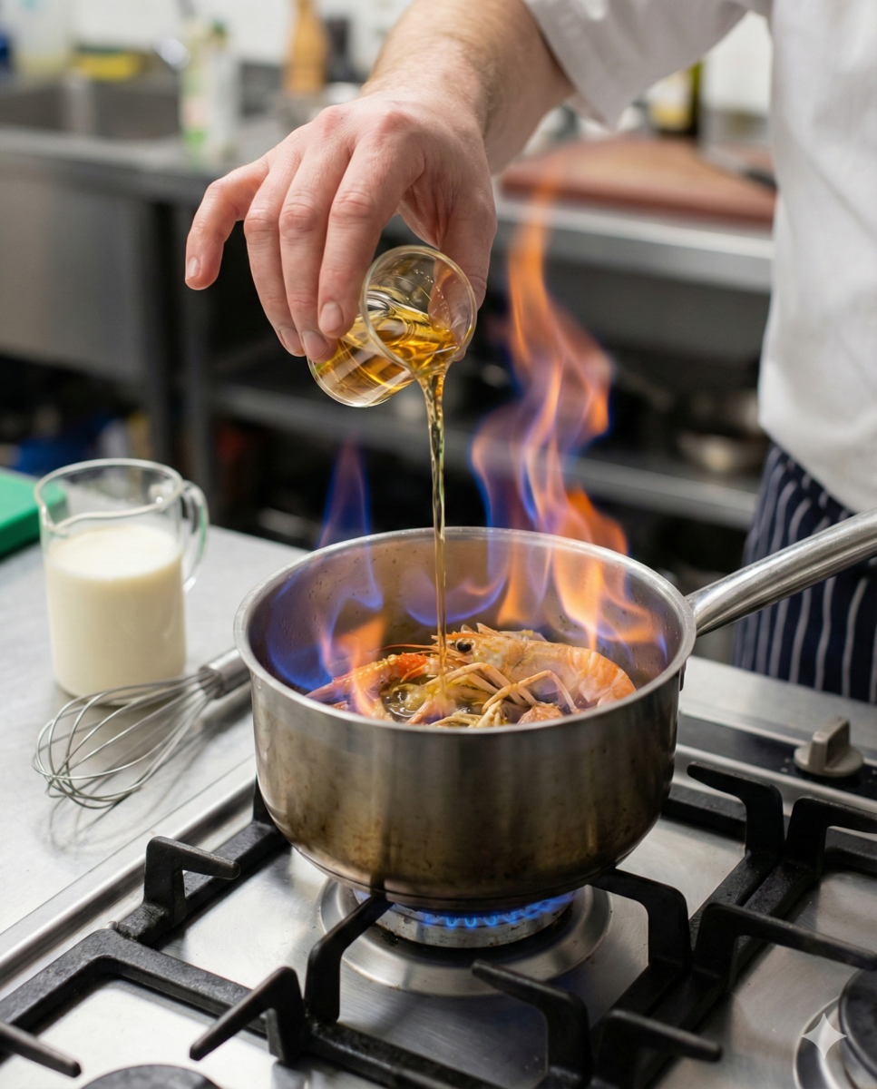 Flambage au whisky des têtes de langoustines dans une casserole pour concentrer les sucs avant d'ajouter la crème.