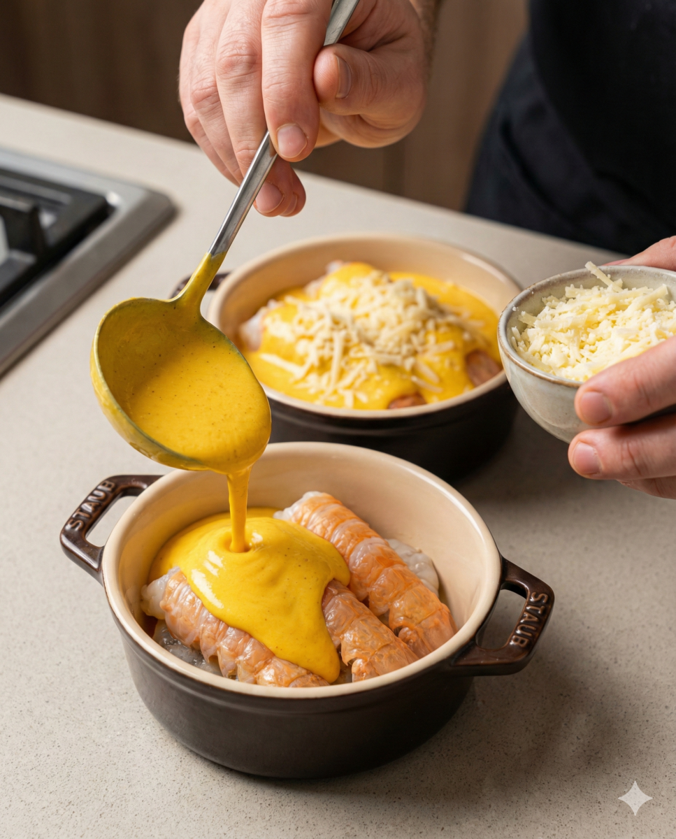 Nappage des queues avec la sauce crémeuse au safran et ajout de fromage râpé dans les cassolettes juste avant le passage au four.