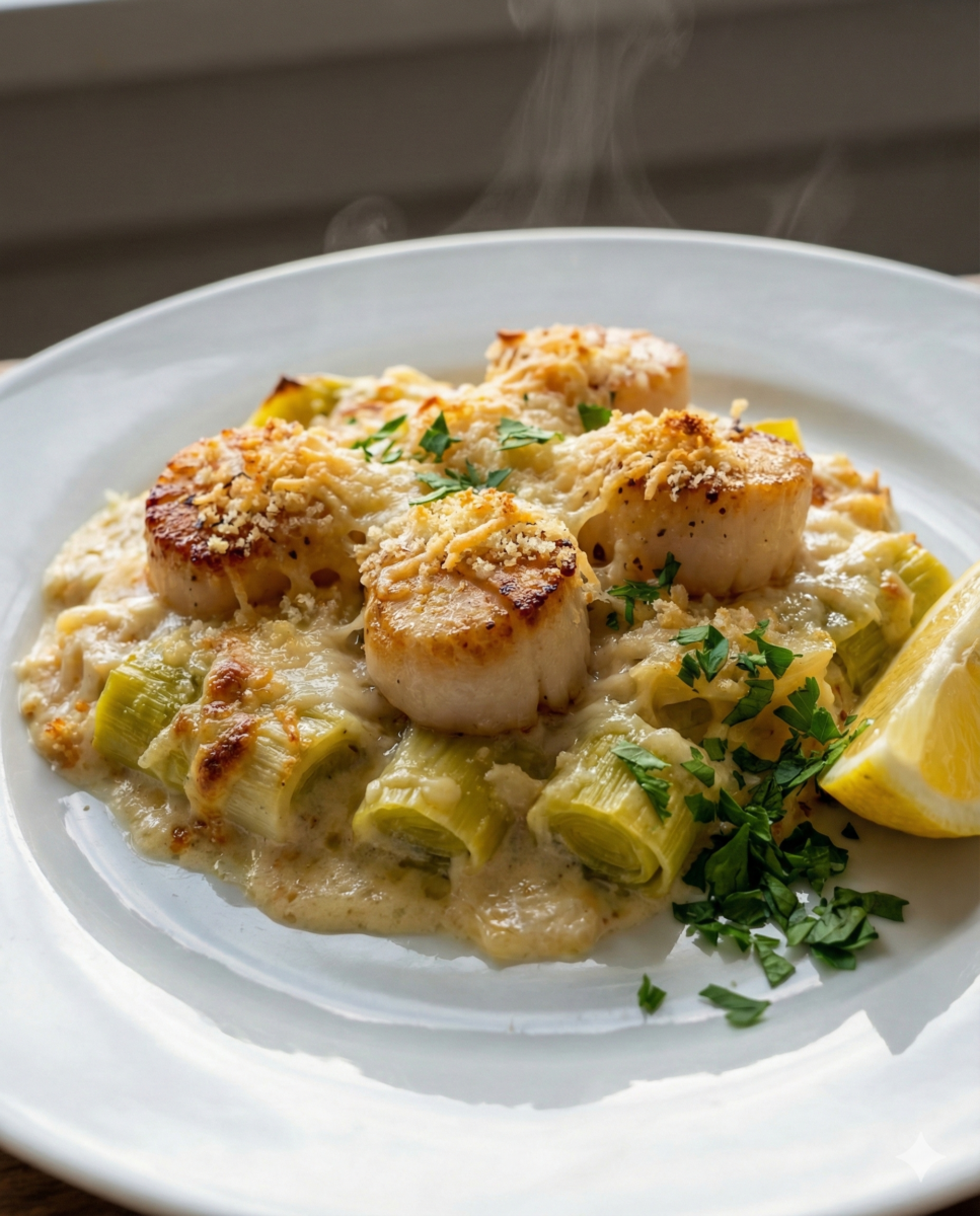 Une assiette de gratin de poireaux et Saint-Jacques, avec une croûte dorée de parmesan et chapelure, servie chaude avec du persil et du citron.