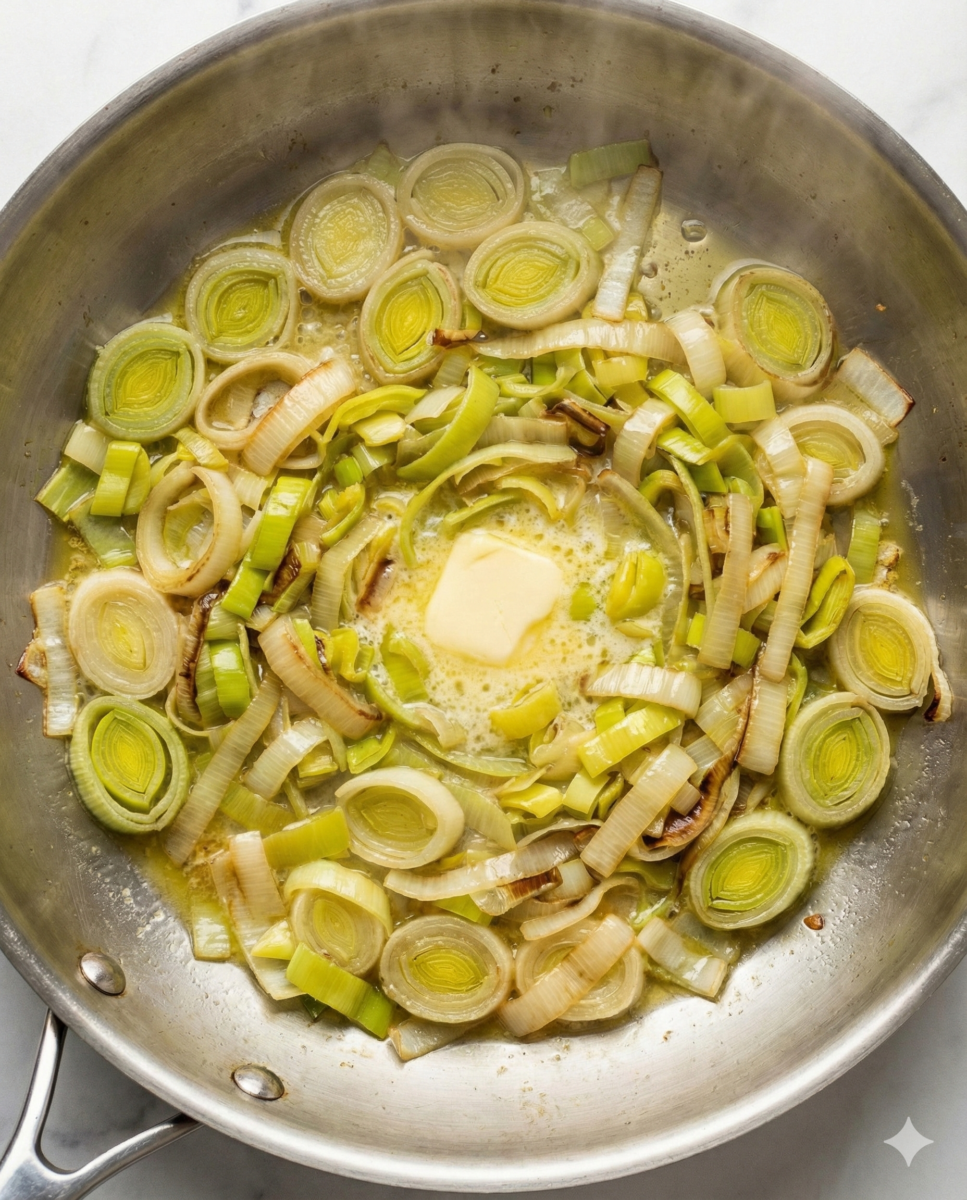 Vue de dessus d'une poêle en inox contenant des rondelles de poireaux en train de fondre dans du beurre.