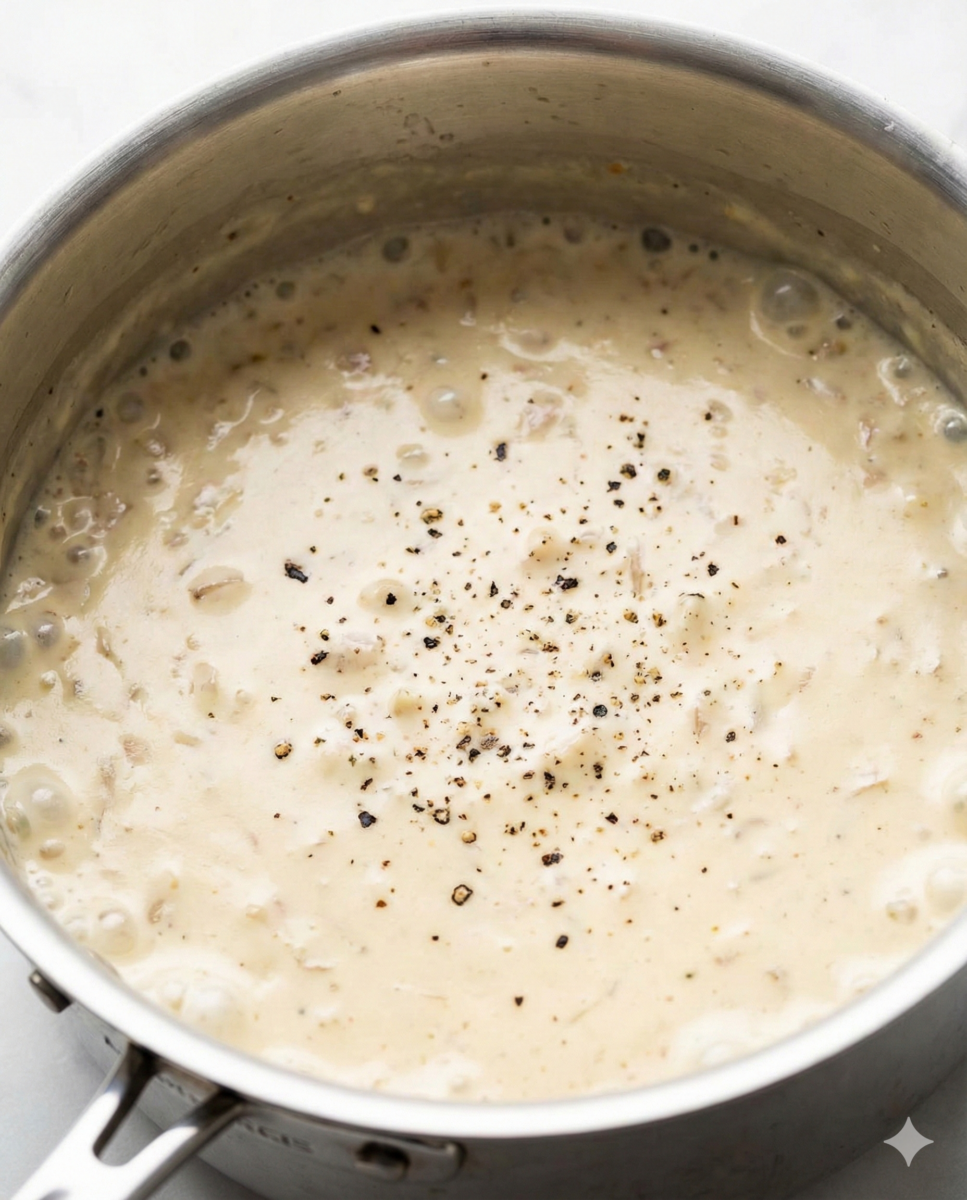 Gros plan sur une casserole où mijote une sauce crémeuse au vin blanc, échalote et poivre noir.