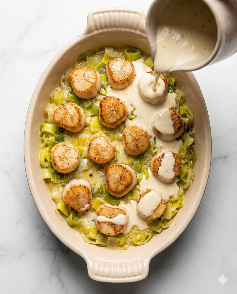 Une sauce crémeuse est versée sur les noix de Saint-Jacques saisies et le lit de poireaux fondants dans un plat à gratin.
