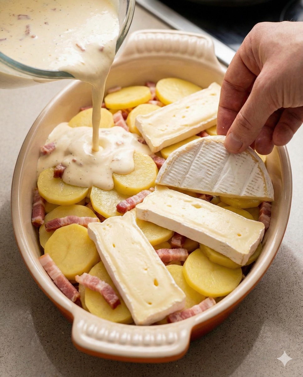 Monter le gratin, ajouter le reblochon et cuire jusqu’au “waouh”