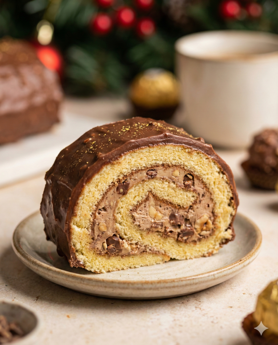 part de la bûche découpée, révélant les différentes textures : le biscuit moelleux, la crème généreuse aux éclats de noisettes et le glaçage gourmand
