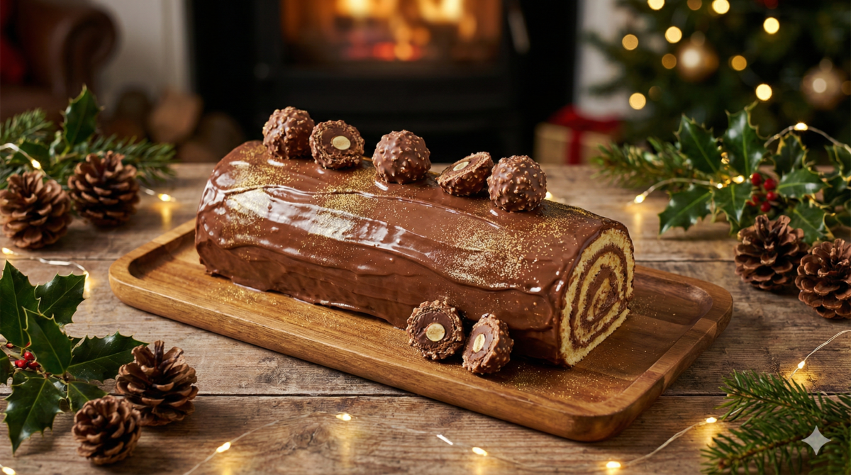 Bûche roulée garnie d’une crème aux Ferrero Rocher, glacée à la pâte à tartiner et décorée de morceaux de rochers.