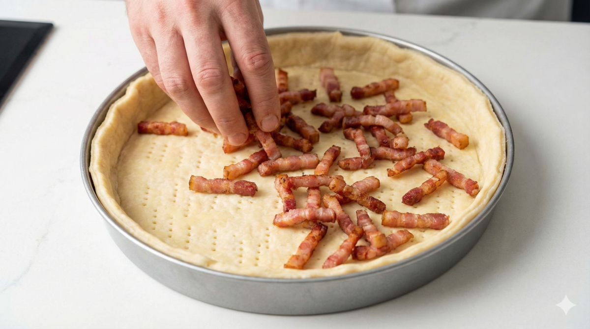 Préparer la base : pâte et lardons