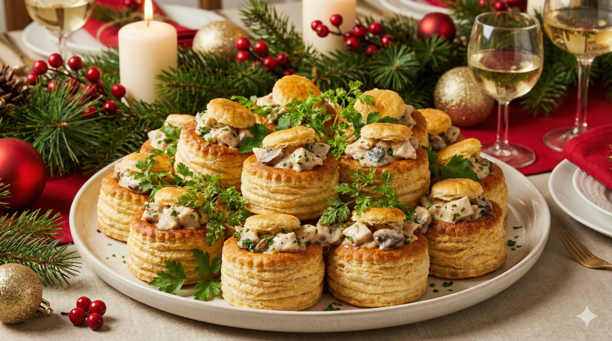 Grande assiette de bouchées à la reine dorées et garnies, servies avec quelques herbes fraîches dans une ambiance de fête.