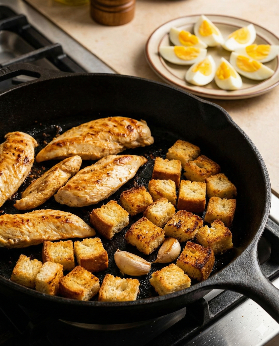 Préparer le poulet, les œufs et les croûtons croustillants