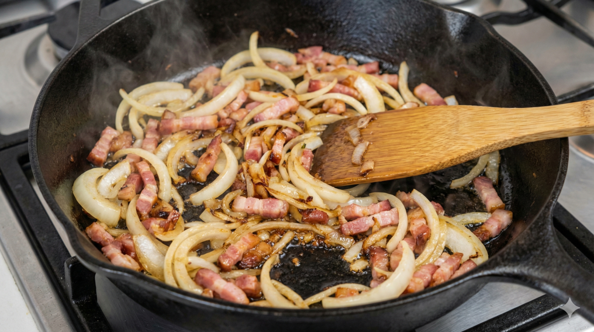 Faire revenir oignons et lardons pour la touche généreuse