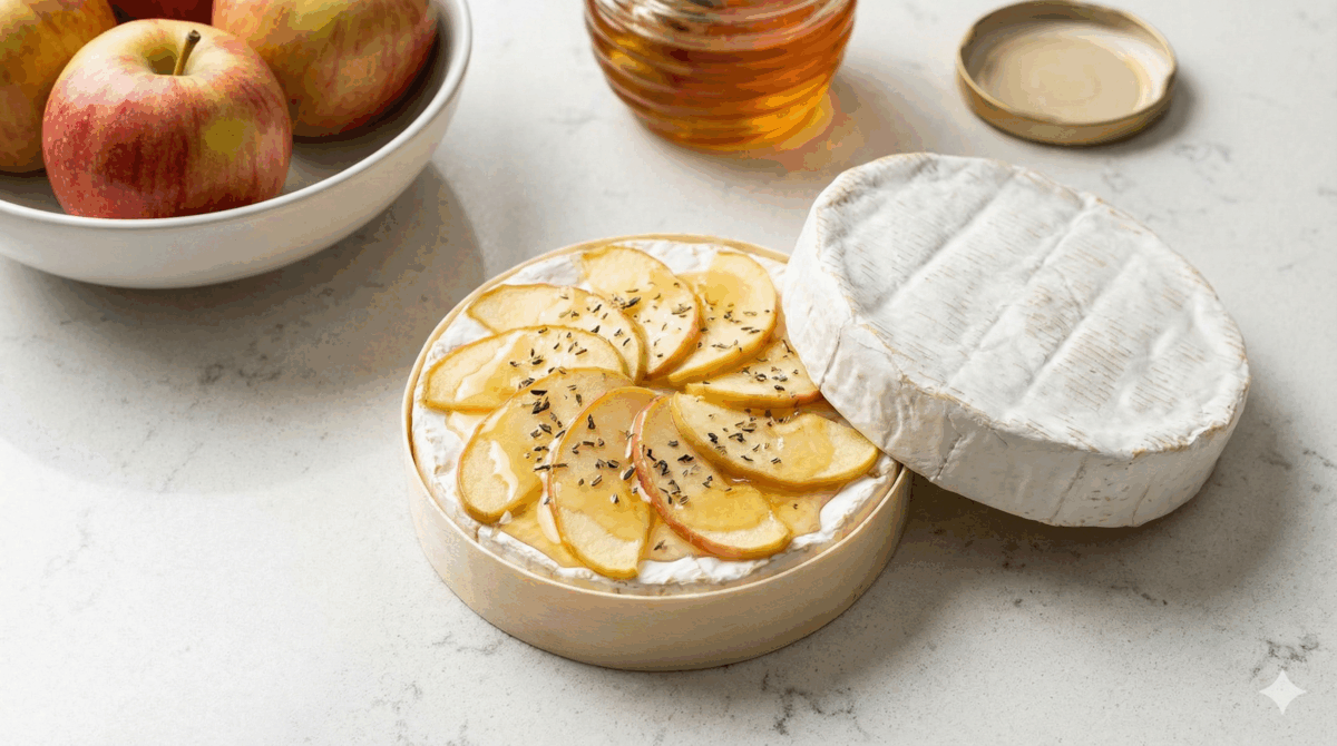 camembert coupé en deux, avec sa base garnie des lamelles de pommes, du miel et des herbes, prêt à être refermé.