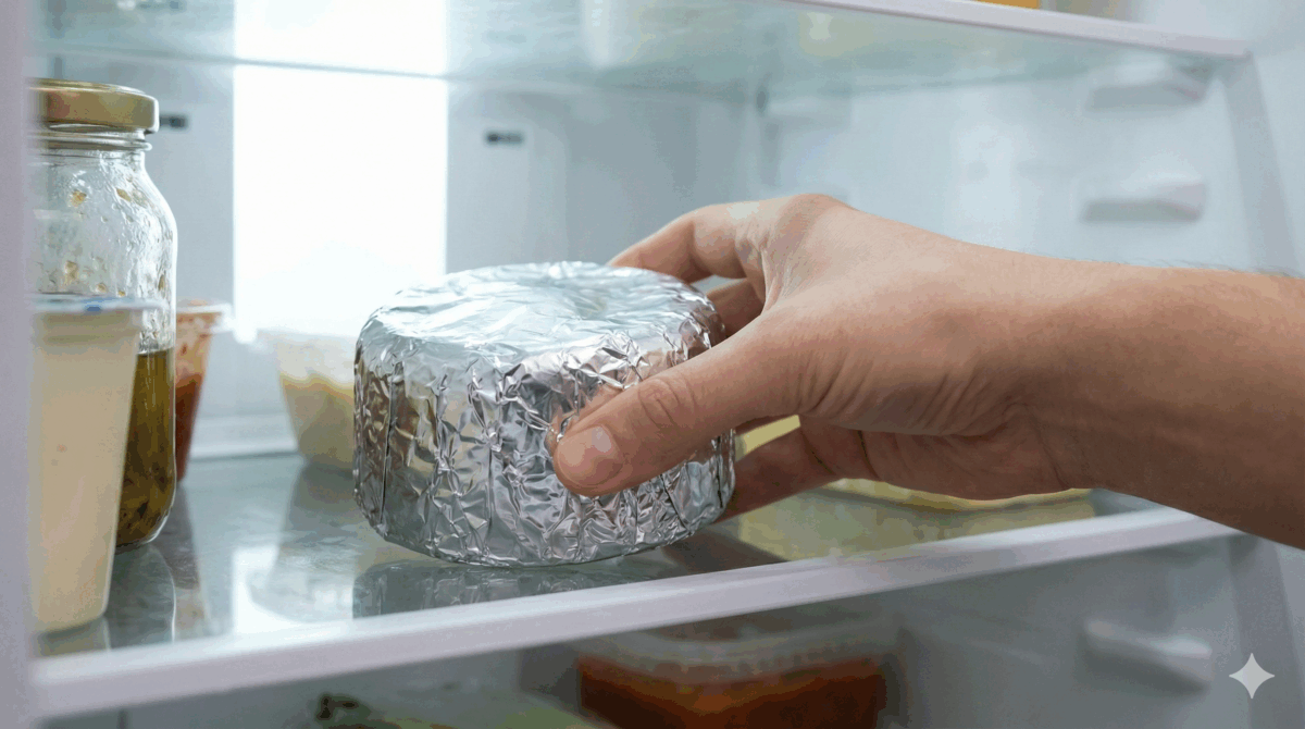 Cette image illustre l'étape cruciale de la mise au frais : le fromage garni est soigneusement enveloppé dans du papier aluminium et placé dans le réfrigérateur.