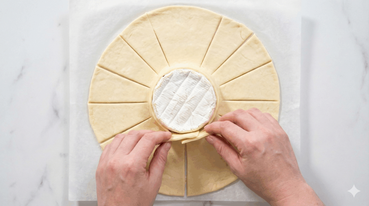 Une vue plongeante sur le pliage de la pâte feuilletée, montrant comment les bandes découpées sont rabattues sur le camembert pour l'enfermer.