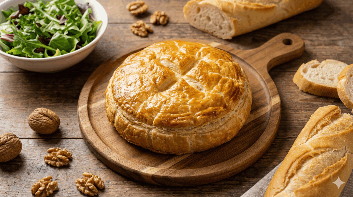 feuilleté entier et doré, servi sur une planche en bois avec ses accompagnements (pain, salade, noix)