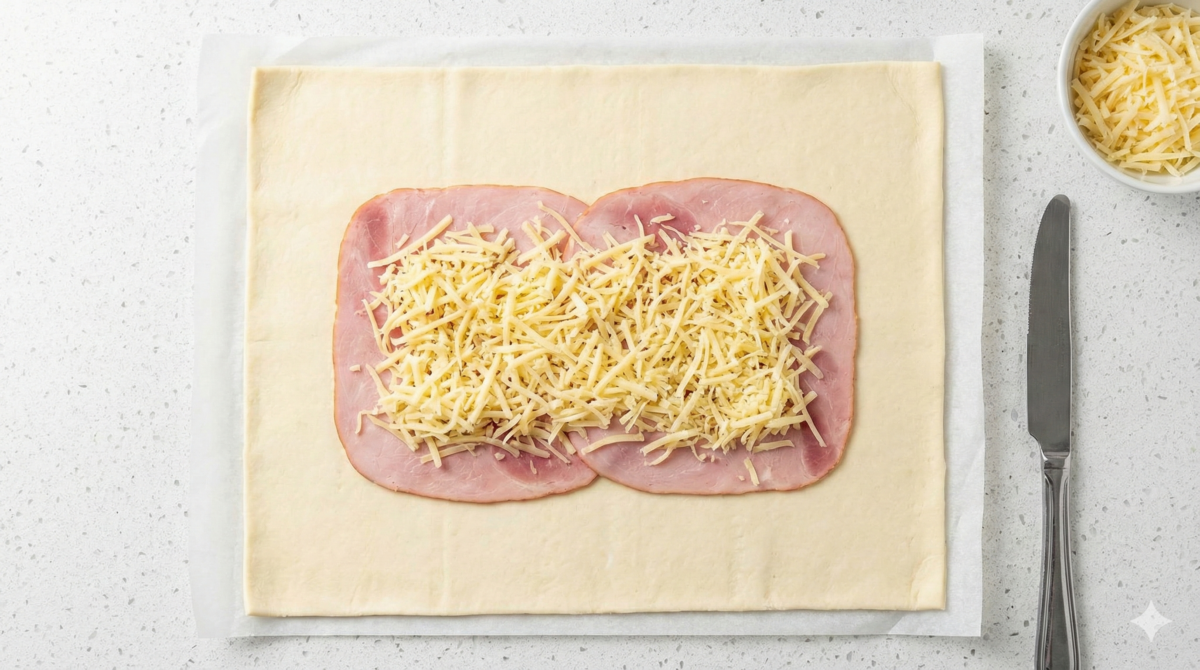 la pâte feuilletée est déroulée et garnie de tranches de jambon et de fromage râpé, prête à accueillir la viande