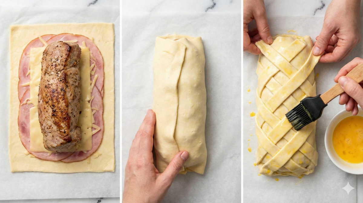 le filet mignon est posé sur la base, la pâte est refermée, puis décorée de bandes de pâte et dorée à l'œuf avant la cuisson