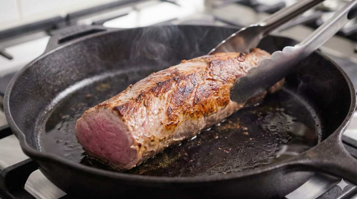 le filet mignon est rapidement saisi à la poêle pour le colorer et sceller les jus avant d'être enveloppé