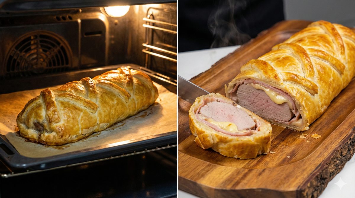 le filet mignon en train de cuire dans le four, suivi du résultat final cuit et prêt à être découpé sur une planche de service