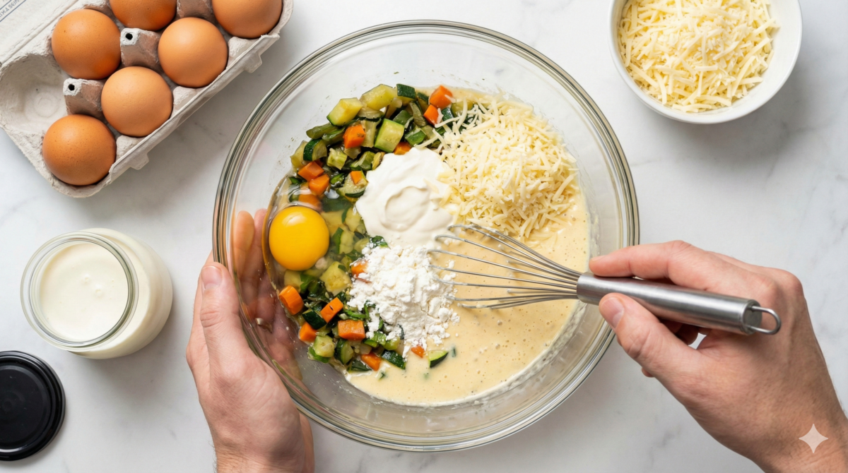 les légumes cuits sont incorporés à l'appareil à base d'œufs, de crème, de maïzena et de fromage, créant la préparation finale