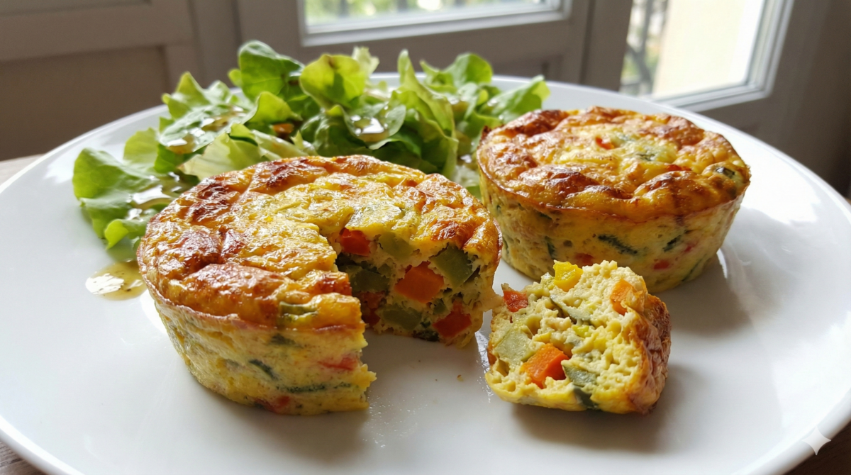 flans cuits, démoulés et servis dans une assiette avec une salade. Un plan rapproché permet d'apprécier la texture et les couleurs des flans
