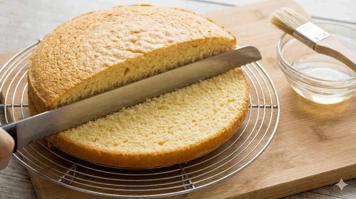 La génoise, une fois cuite et refroidie, est coupée en deux disques. Le sirop d'imbibage est prêt dans un bol, avec un pinceau pour l'appliquer