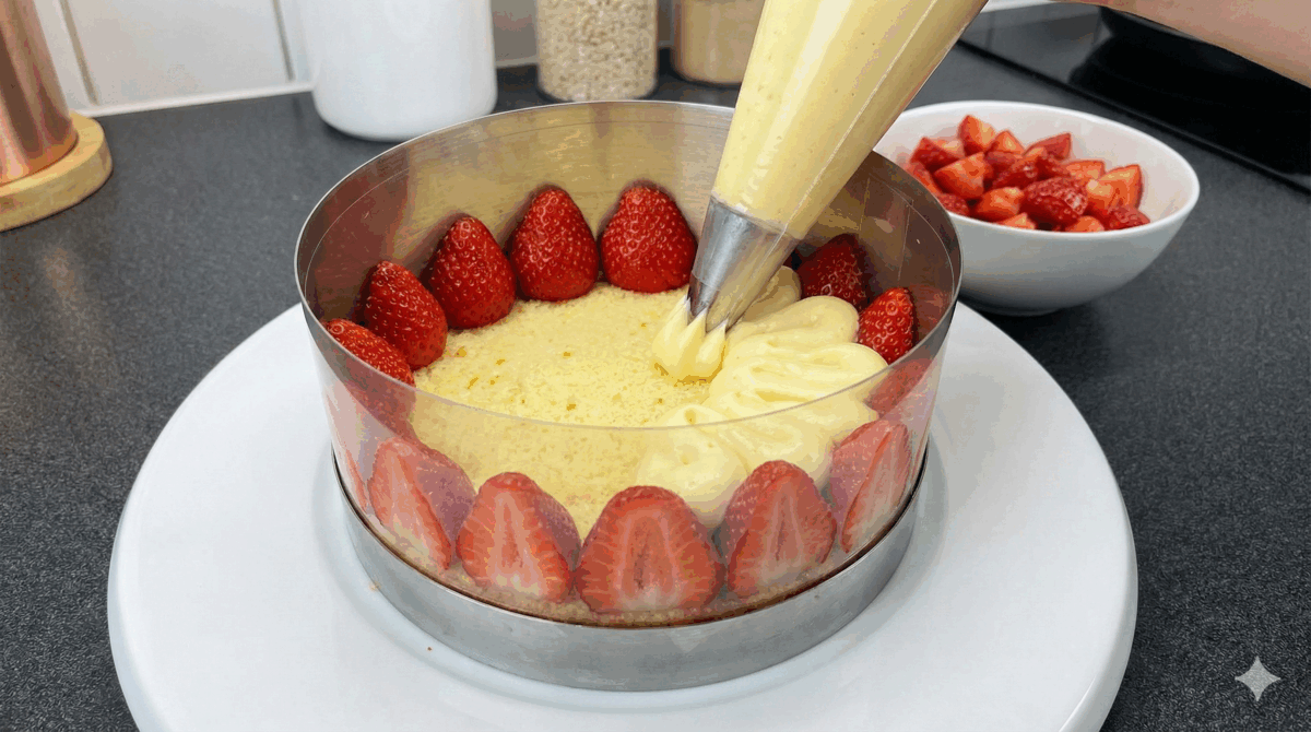 Le montage commence à l'intérieur du cercle à pâtisserie chemisé de rhodoïd. Les demi-fraises sont disposées en couronne, et la crème mousseline est pochée entre elles sur le premier disque de génoise imbibé