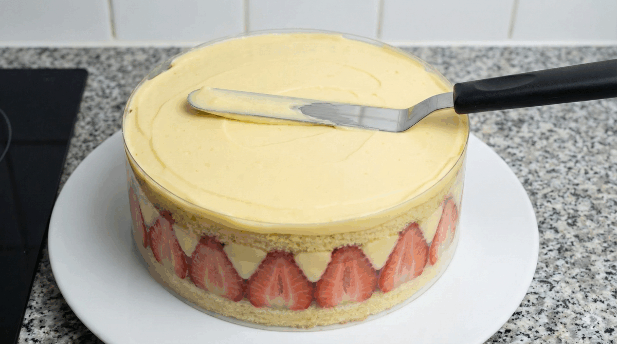 Le deuxième disque de génoise a été posé et la dernière couche de crème mousseline est lissée à la spatule pour obtenir une surface plane avant le nappage final
