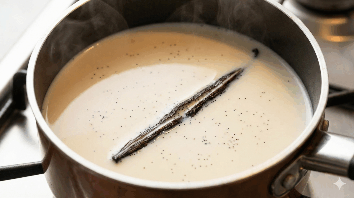 préparation du lait vanillé. Vous pouvez voir la gousse de vanille fendue et les petites graines noires qui infusent dans le lait chaud, promettant un parfum intense