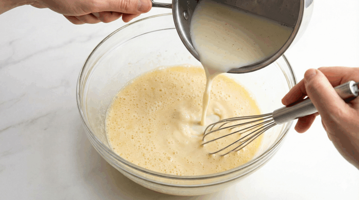lait vanillé dans le mélange jaunes-sucre-beurre-farine. On voit bien la texture très liquide et mousseuse qui commence à se former