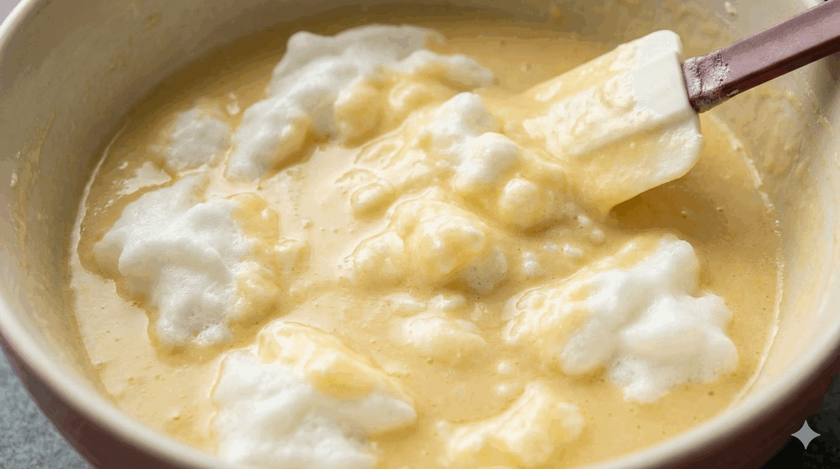 l'incorporation délicate des blancs en neige. L'image montre bien les "nuages" de blancs qui flottent dans la préparation liquide