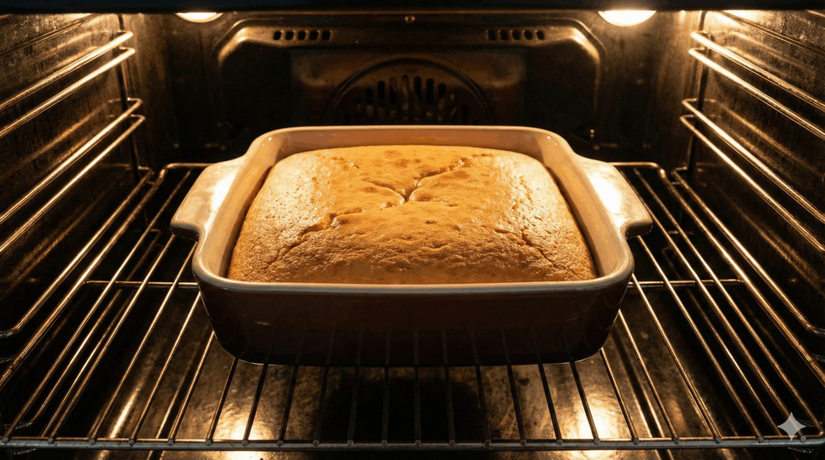 gâteau en train de cuire dans le four. Il est doré, légèrement gonflé, et on devine déjà sa texture légère grâce à la cuisson lente