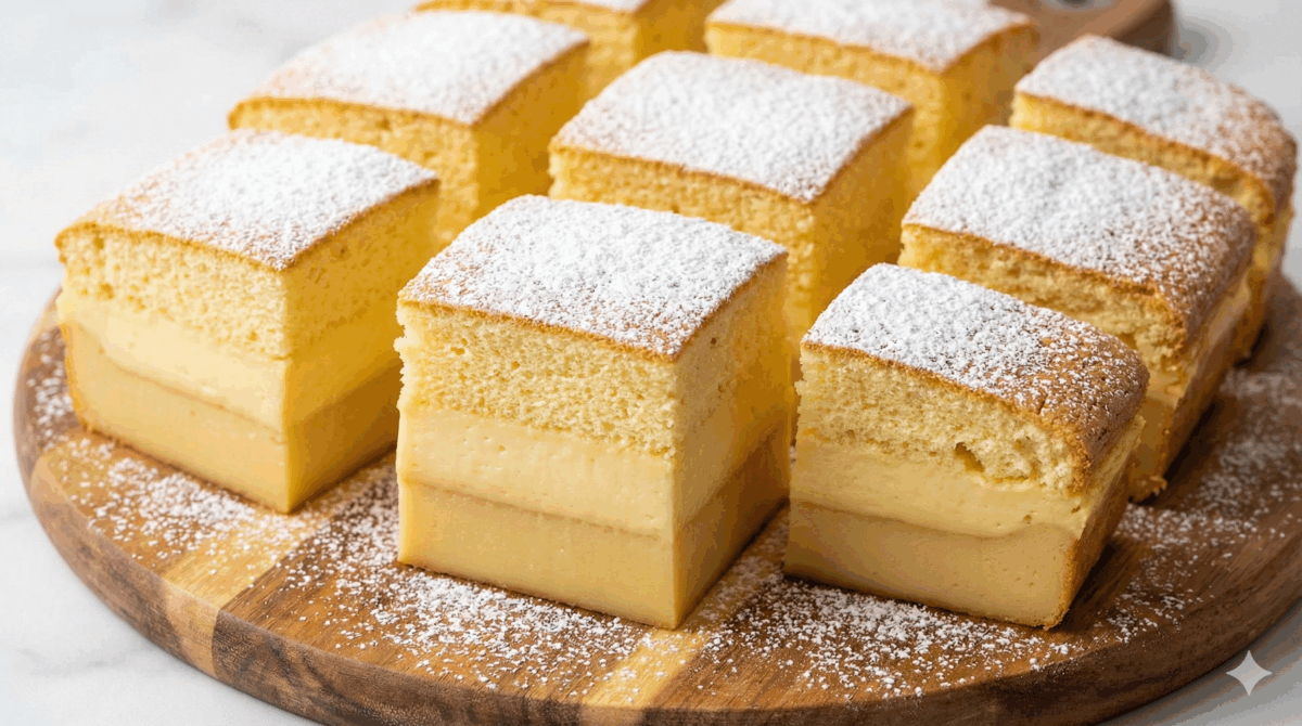 gâteau magique démoulé et découpé en carrés, prêt à être dégusté