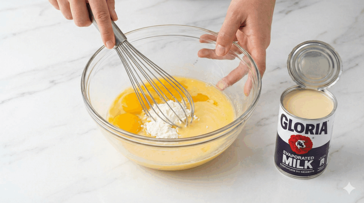 mélange des œufs et de la Maïzena, avec le lait Gloria prêt à être ajouté pour former la base de la pâte