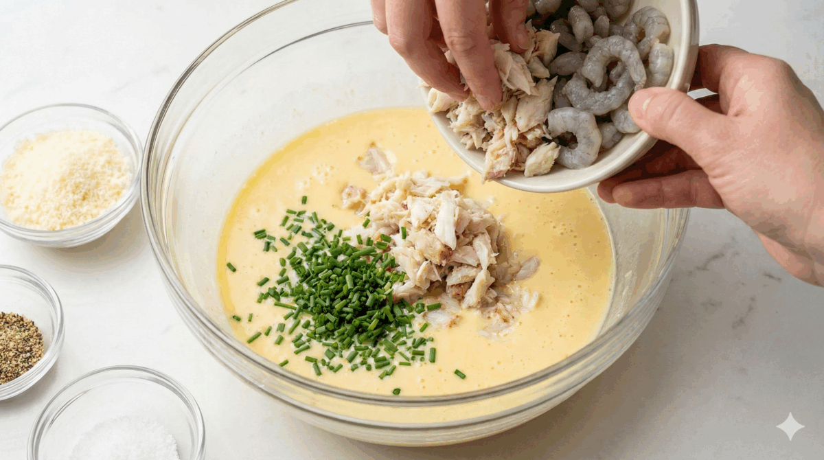 le crabe, les crevettes et la ciboulette sont incorporés à la pâte, promettant des bouchées riches en saveurs