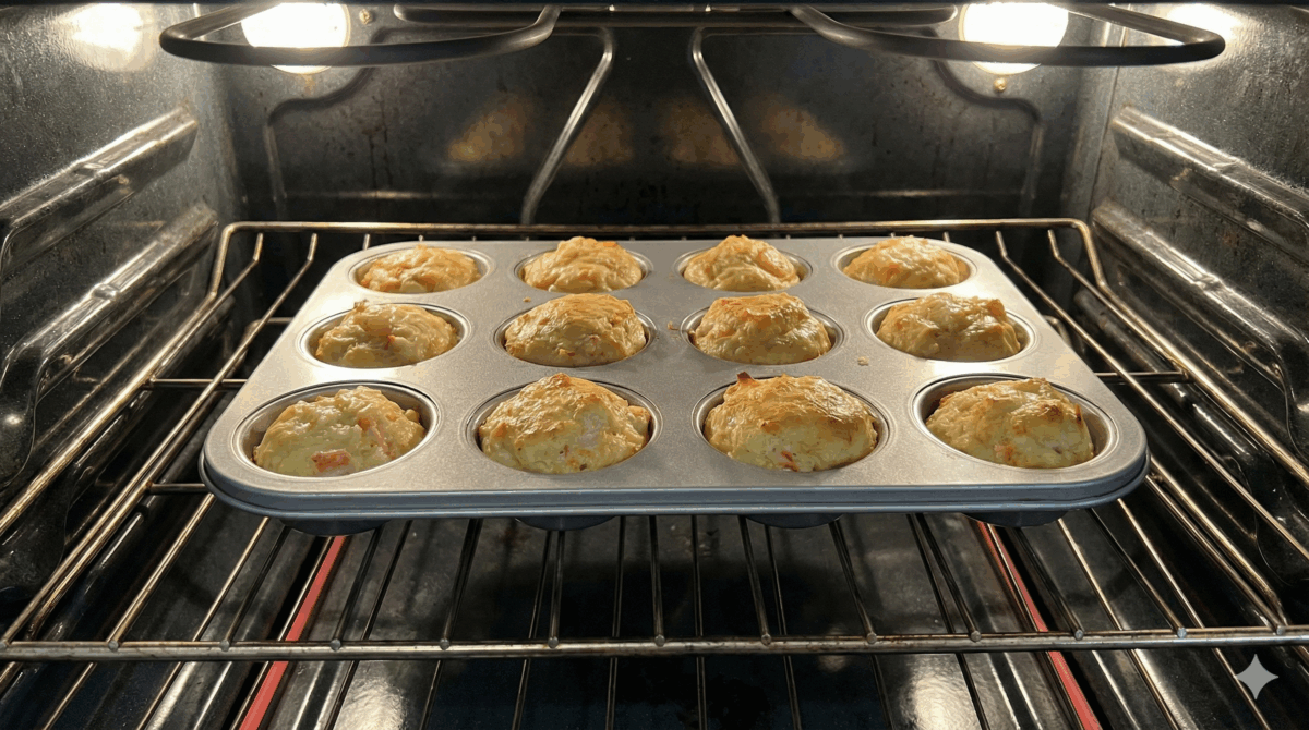 bouchées en train de cuire dans leur moule à mini-muffins à l'intérieur du four, commençant à dorer et à gonfler