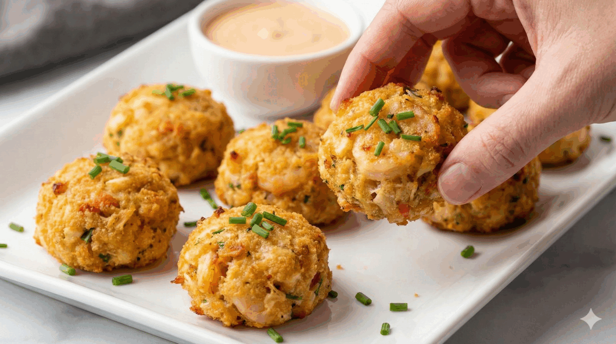 Gros plan appétissant sur les bouchées cuites, mettant en valeur leur texture moelleuse et les morceaux de crabe et de crevettes, avec une main qui s'apprête à en saisir une
