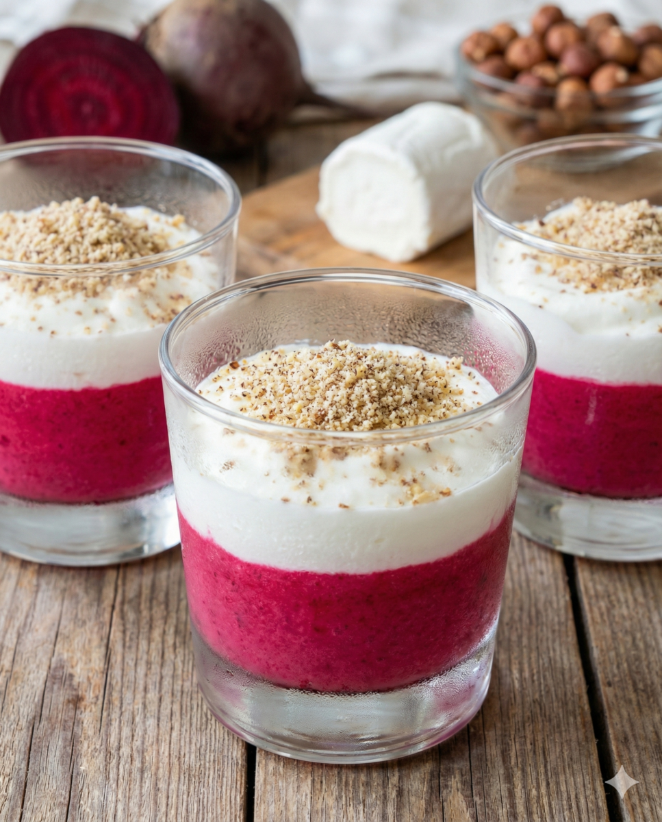 Photographie en gros plan de plusieurs verrines en verre remplies de couches alternées de crème de betterave rose vif et de fromage de chèvre blanc, surmontées de poudre de noisette.