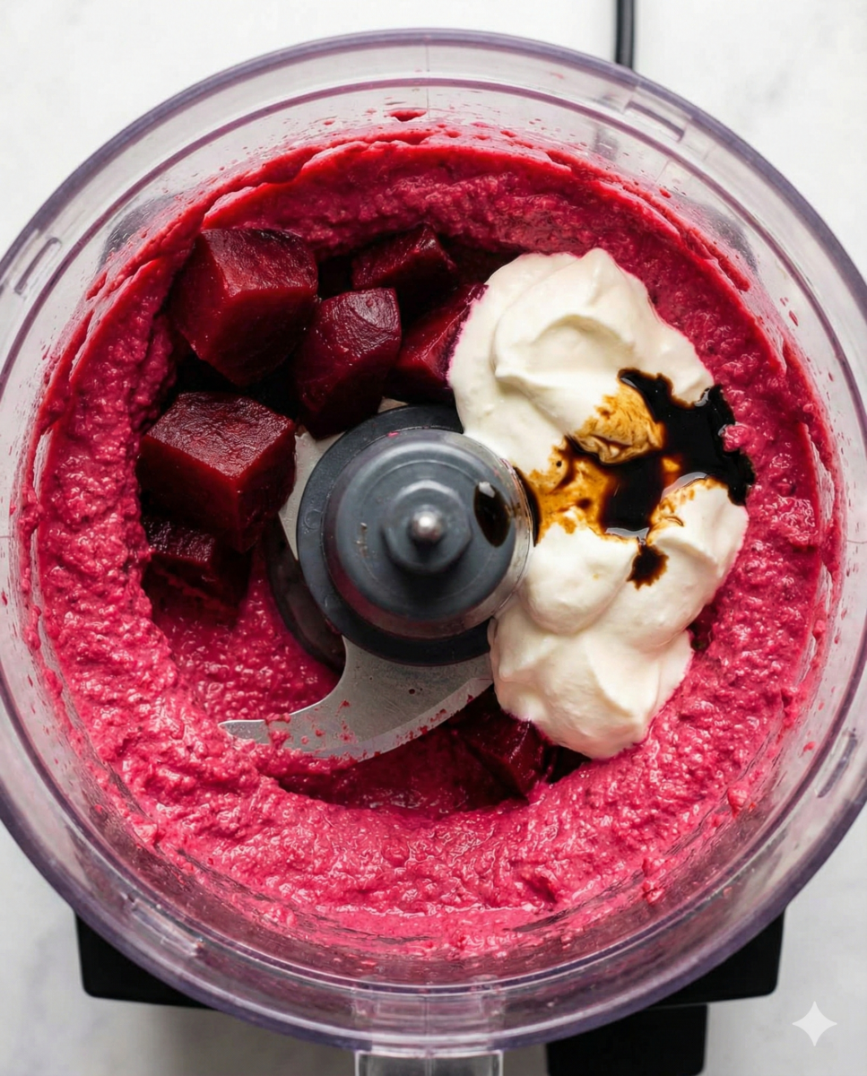 Vue plongeante sur un bol de robot mixeur contenant des morceaux de betteraves cuites, une cuillère de crème épaisse et du vinaigre balsamique en train d'être mixés en une purée épaisse.