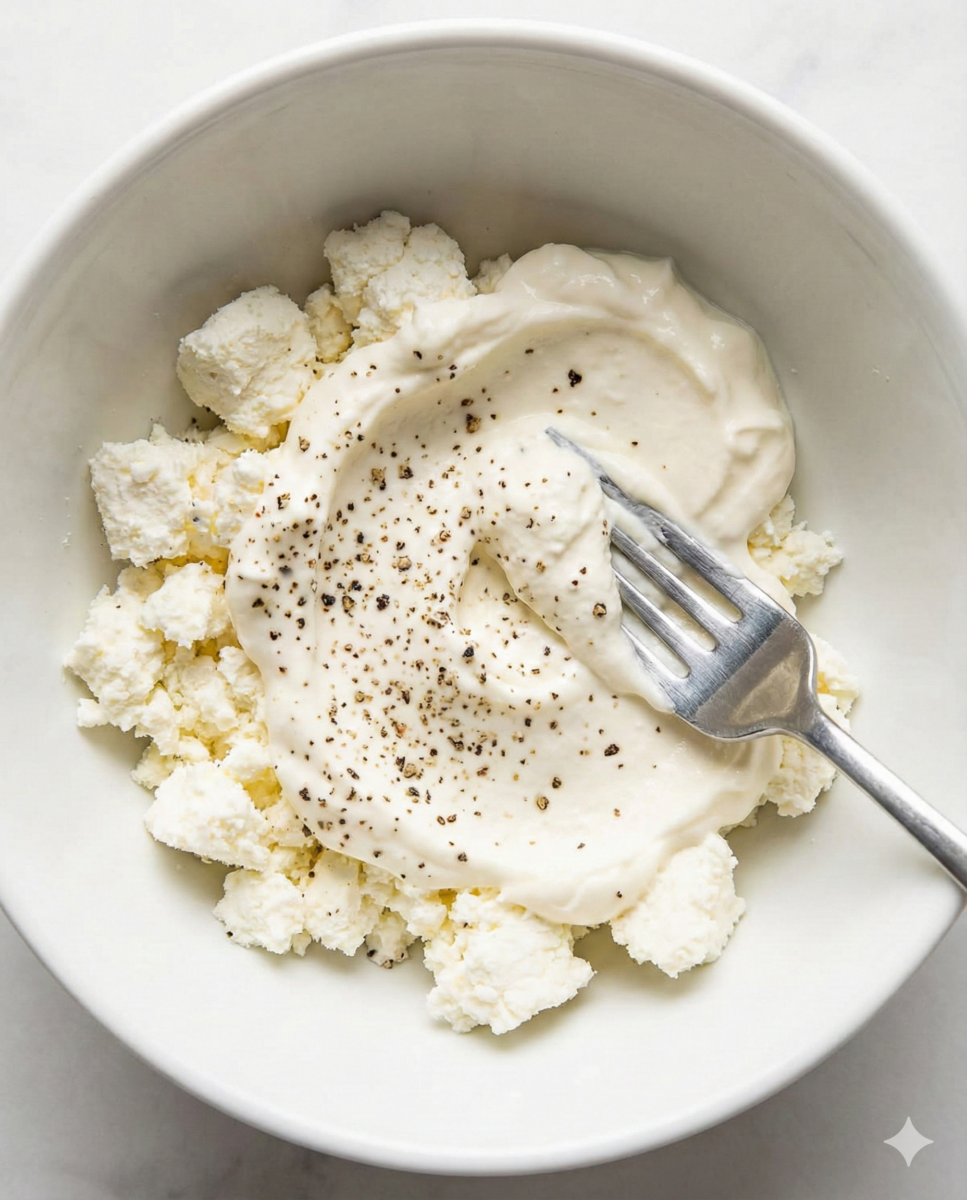 Un bol en céramique blanche où du fromage de chèvre frais est écrasé à la fourchette avec un peu de crème fraîche et du poivre pour obtenir une pâte lisse.