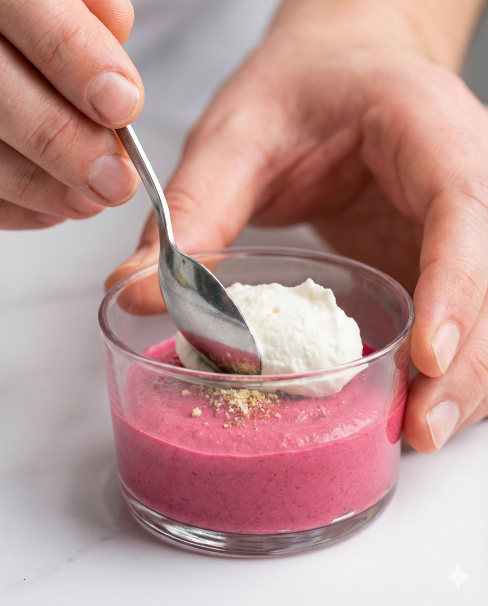 Gros plan sur une main déposant délicatement une cuillère de crème de chèvre blanche sur une couche de crème de betterave rose à l'intérieur d'une verrine transparente.