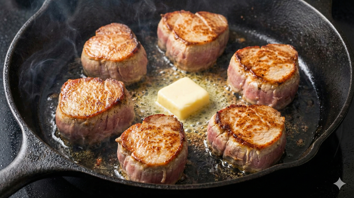les médaillons sont saisis à feu vif dans une poêle chaude avec du beurre, pour obtenir une belle croûte dorée