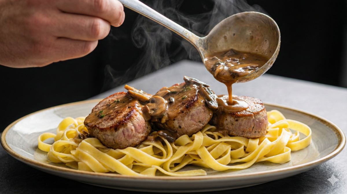 la sauce onctueuse est généreusement versée sur les médaillons cuits, disposés sur un lit de pâtes