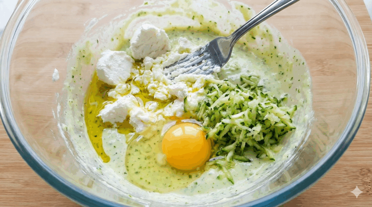 Le chèvre frais est écrasé et mélangé avec l'œuf, l'huile d'olive et la courgette râpée, formant une préparation onctueuse et légèrement verte.